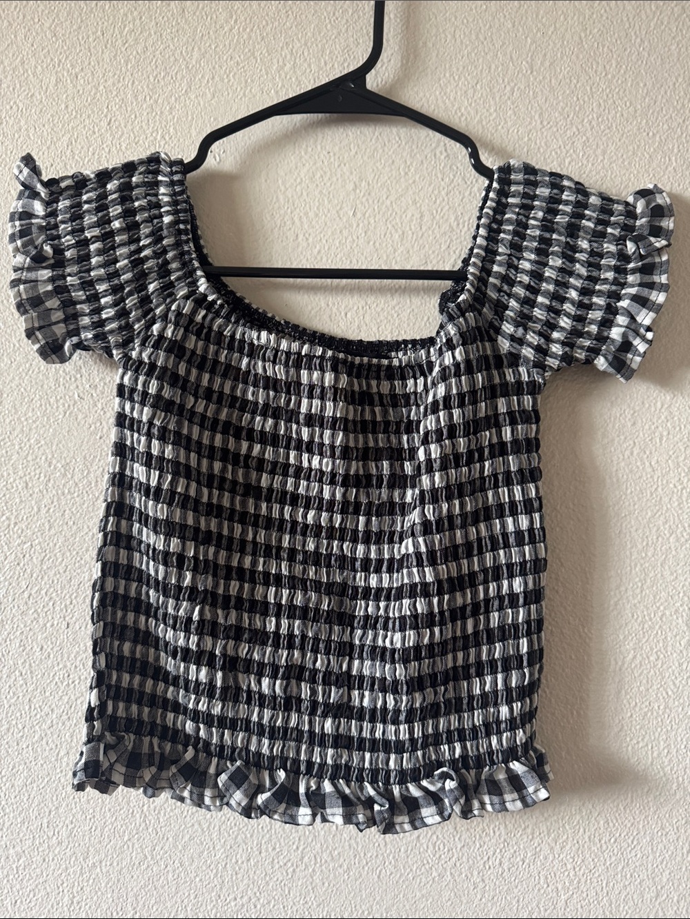 Motel Rocks - Smocked Off-Shoulder Black and White Gingham Top - Size S